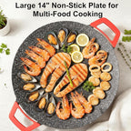 Electric Indoor Grill Nonstick Smokeless, 14 Inch Round Griddle with Temperature Control, Includes Oil Brush & Food Tongs for Kitchen, BBQ, Pan Searing Steak, Pancakes