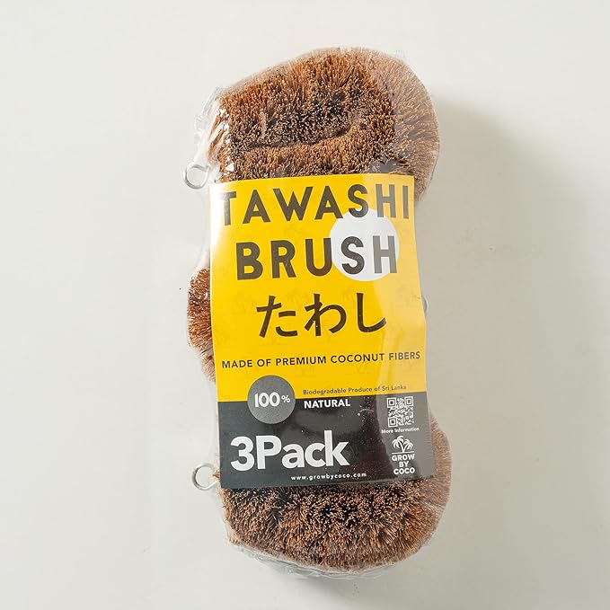 Pack of 3 Tawashi Vegetable Scrub Brush,100% Natural Coconut Coir Fiber VegetableBrush, Ideal for Fruit Scrub, Kitchen Cleaning Needs, Kamenoko Japanese Design