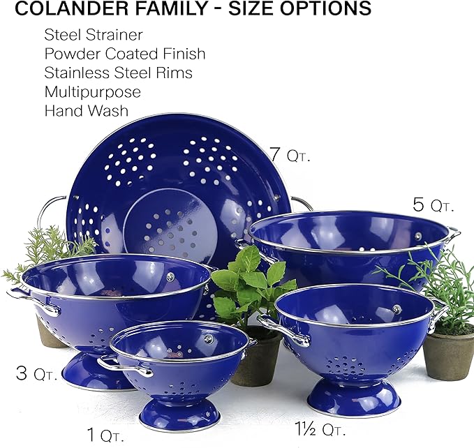Reston Lloyd, 1 Quart Powder Coated Steel Kitchen Strainer Basket for draining Pasta, Vegetable and Fruit, Chrome Handles and Wide Stable Base, Indigo