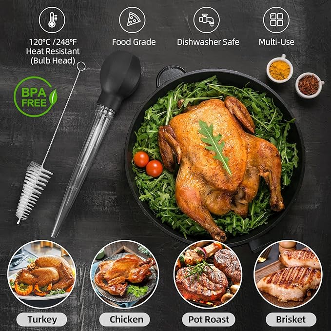 SCHVUBENR Large Turkey Baster with Cleaning Brush - Premium Baster Tool for Cooking - Easy to Use & Clean - Powerful Bulb Baster Syringe - Dishwasher Safe - Thanksgiving, Christmas Essentials - Black