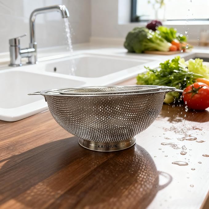 Kaishun Colander Stainless Steel Set(5-Quart and 3-Quart), Kitchen Strainer for Pasta, Fruits Vegetables, Dishwasher Safe