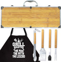 Grilling Accessories Anniversary Christmas Birthday Gifts for Dad, Heavy Duty Wooden BBQ Kit with Apron for Backyard, Thick Stainless Steel Grill Utensils with Non-Slip Handle Tools in Portable Bag