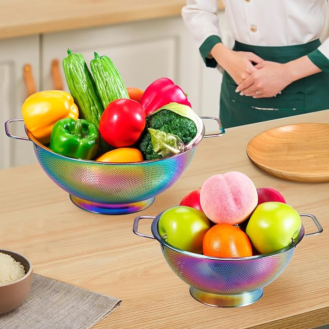Rainbow Strainer for Kitchen, 3QT, Stainless Steel Colander with Handle for Fruits Vegetables Cooking Food, Dishwasher Safe