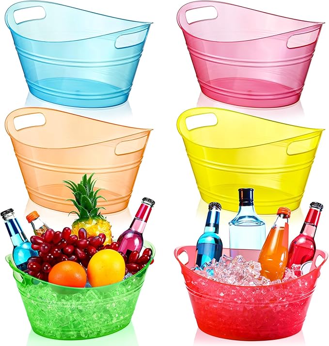 meekoo 6 Pcs Plastic Ice Buckets Bulk with Handles 4.5L Oval Storage Tub Large Capacity Ice Drink Bucket for Easter Summer Party Bar Wine Beer Champagne Beverage Bottle Cooler(4.5 L,Multicolor)