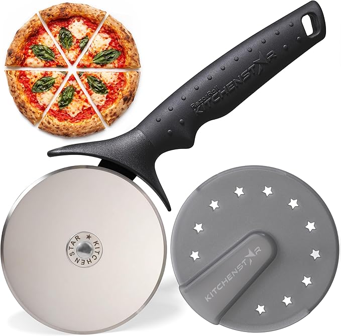 KitchenStar Pizza Cutter Wheel - 304 Stainless Steel Slicer Knife with Super Sharp Blade, Anti-Wobble Axle Mechanism, Ergonomic Non-Slip Handle & Protective Cover, Dishwasher Safe