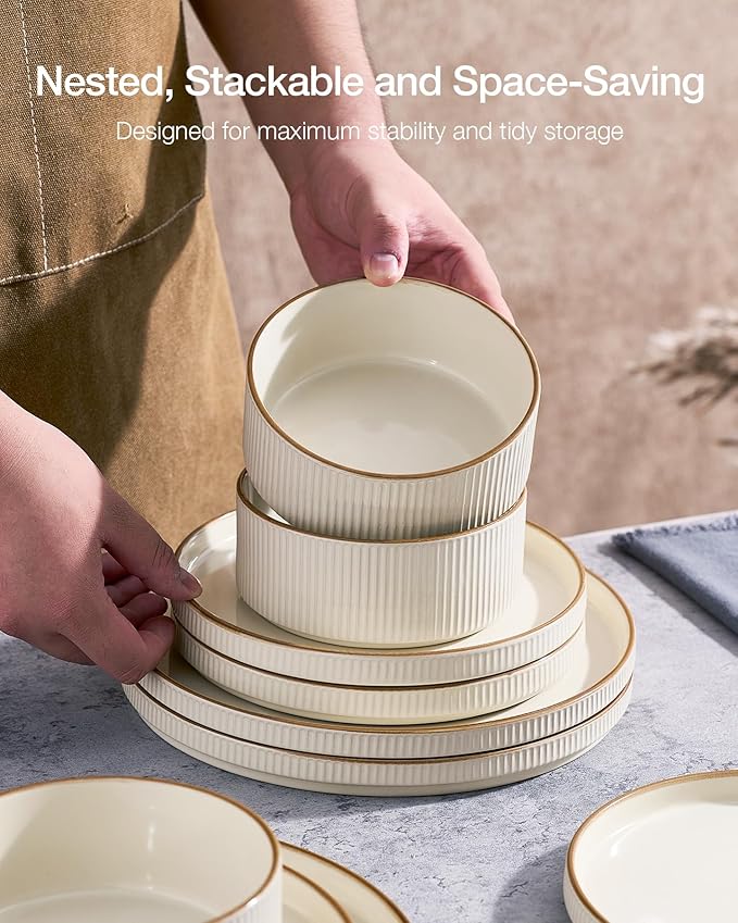 Famiware Star 12-Piece Stoneware Dinnerware Sets with Trim, Service for 4, Ceramic Plates and Bowls Set, Modern Rustic Dishes, Everyday/Formal, Chip/Scratch Resistant, Microwave/Dishwasher Safe, Cream