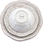 Elama Rustic Birch 16 Piece Embossed Scalloped Stoneware Round Dinnerware Set in White with Brown Accents