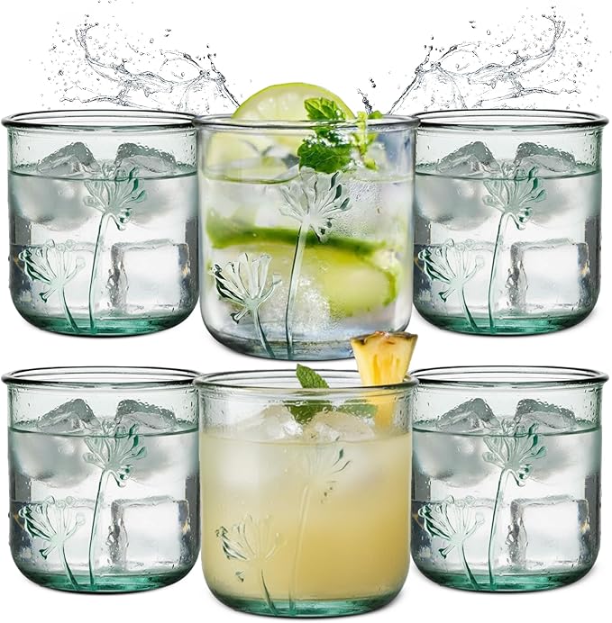 COURONNE CO. Clear Recycled Drinking Glass Tumbler, Perfect for Cocktails, Refreshments & Everyday Use, Restaurant Grade, Crafted without lead-based materials (10.1 Oz, Flora), Pack of 6