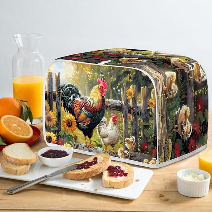 JEOCODY Sunflower Rooster Toaster Oven Covers for Kitchen Polyester Fabric Quilted Toaster Appliance Dust-proof Cover for Small Appliance Dust Cover and Fingerprint Protection Stain Resistant Bag