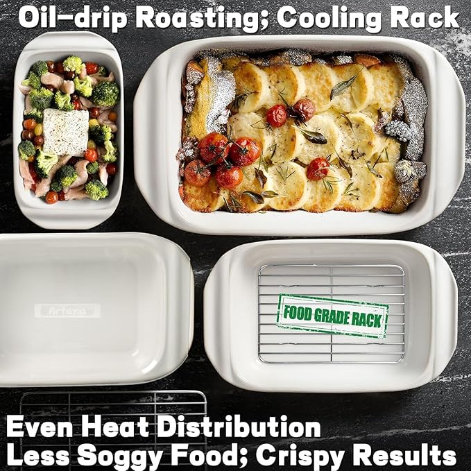Artena Baking Dish 2.3 Quarts, Casserole Dishes For Oven, Baking Pan With Handles, Lasagna Pan Deep, Large Casserole Dish, Rectangular Ceramic Bakeware, White (Baking Dish With Rack)