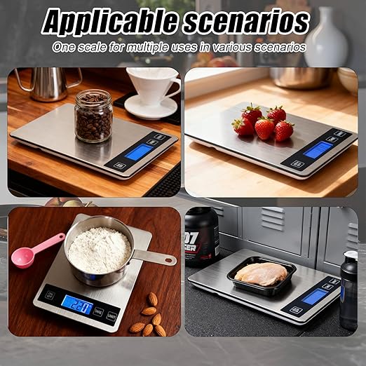 Food Kitchen Scale, 33lb Digital Food Scale Precisely Measures Grams and Ounces for Baking and Cooking, Rechargeable 304 Stainless Steel Kitchen Scale for Food with LCD Display, Batteries Included