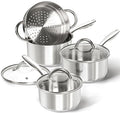 MICHELANGELO Saucepan Set 6pc with Steamer Insert, 18/10 Stainless Steel Sauce Pans with Lids, Tri-Ply Bottom Sauce Pots, Induction Compatible, 1QT & 2QT & 3QT