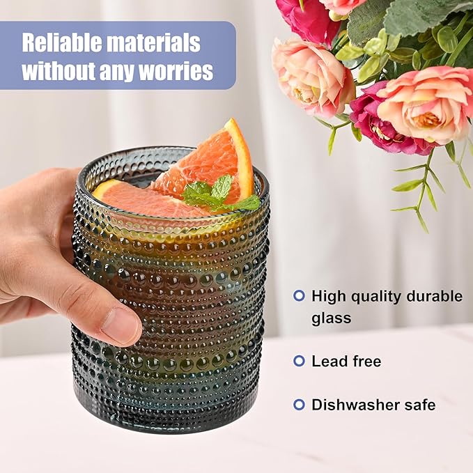 ZMOWIPDL Vintage Hobnail Drinking Glasses Set of 8,Colored 12 oz & 15oz Highball Glass Cups, Kitchen Drinkware Glassware,Embossed Water Tumbler,for Beer,Cocktail,Whiskey,Juice and Various Mixed Drinks