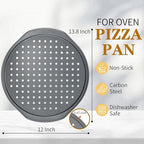 Bestdin 5Pcs Pizza Pan Set - 12 inch Pizza Pan with Holes, Non-stick, Pizza Oven Accessories with 2 Carbon Steel Round Pans, Pizza Cutter and 2 Gloves, Dishwasher Safe