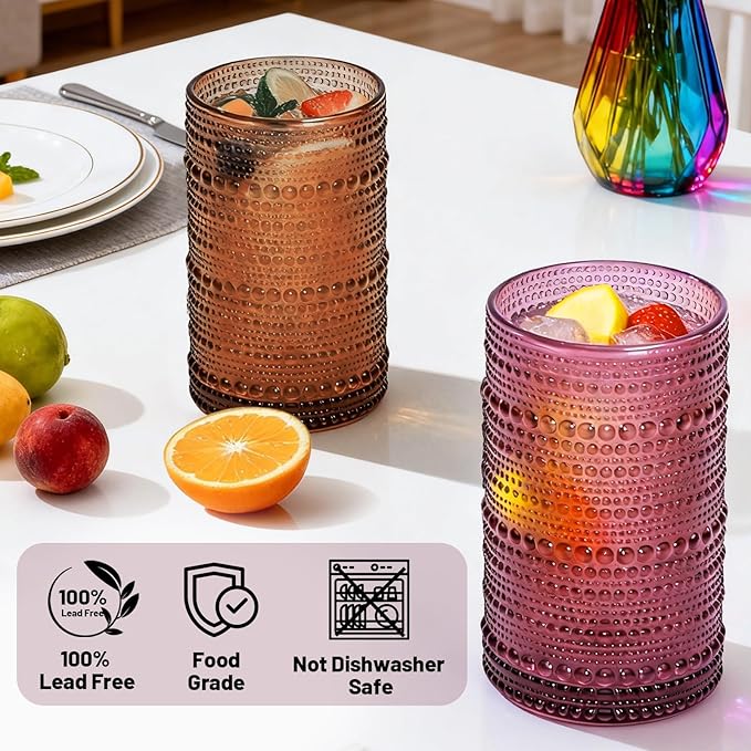 GGOLDMER Colored Hobnail Drinking Glasses Set of 6, 12oz Vintage Kitchen Glassware, Embossed Design Water Glasses, Glass Cups, Water Tumbler for Beer, Juice, Cocktail, Whiskey, Milk