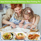 Rolling Pin with Thickness Rings and Red Silicone Baking Mat, Adjustable Stainless Steel Rolling Pins for Pasta or Sugar Decorating Cookies, Bread Making Tools Fondant Roller for Dough, Dumpling