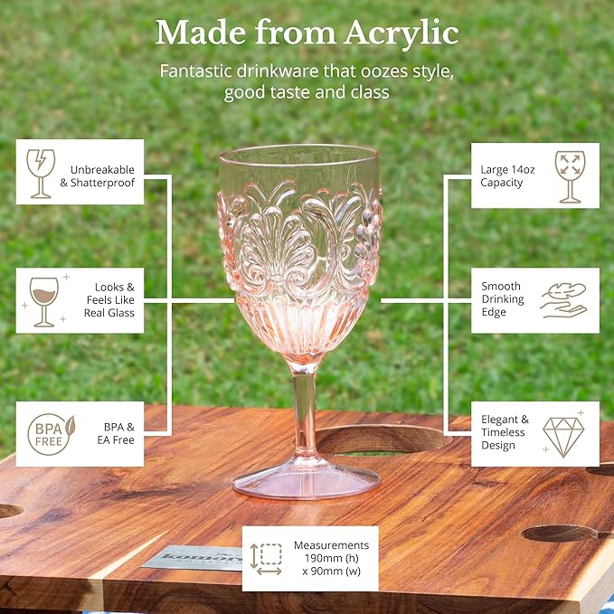 Komorebi Shatterproof Acrylic Wine Glasses - Unbreakable Plastic Goblets, BPA-Free & Drop-Proof Glassware - Elegant Drinkware for Indoor & Outdoor Use - 14oz, Set of 4 (Pale Pink)