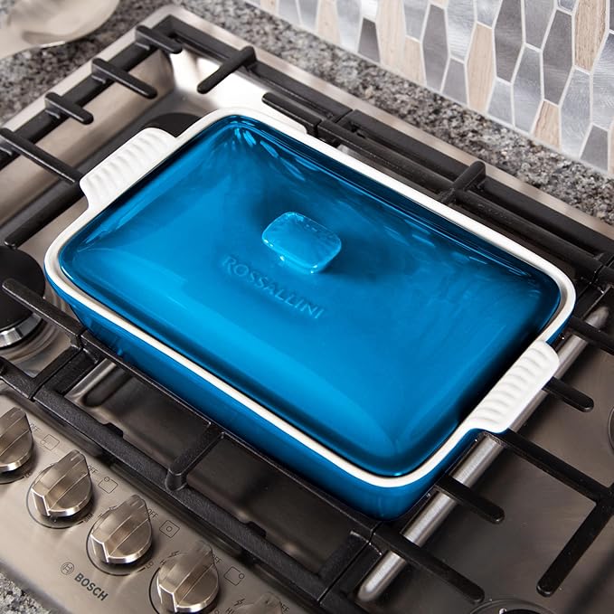 ROSSALLINI Stoneware Casserole Dish Bakeware Set with Lid, Covered Rectangular Dinnerware, Large 3.2 Quart, 11 by 9 Inch [Ocean Blue]