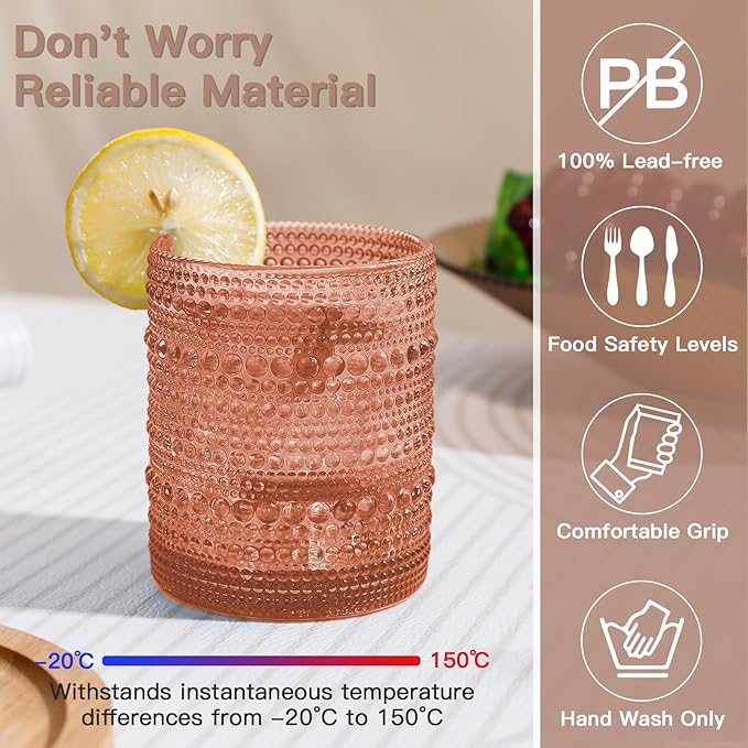 JOVGANK Venus Vintage Hobnail Drinking Glasses Set of 6, Embossed Water Tumbler 12oz, Kitchen & Bar Beaded Glass Cups, Beverage Glass Cups for Water, Beer, Juice, Housewarming and Mother's Day Gift
