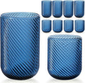 Set of 8 Ribbed Glassware,4 Highball Glasses 14oz & 4 Rocks Drinking Glasses 9oz, Origami Style, Fluted Design, for Milk, Water, Cocktail, Juice, Beer, ToothBrush Cup, Gif (Leaning Blue)