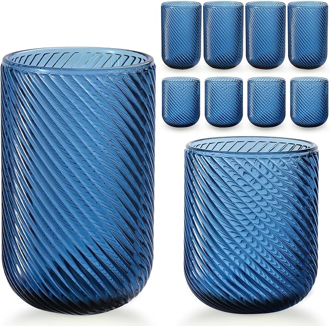 Set of 8 Ribbed Glassware,4 Highball Glasses 14oz & 4 Rocks Drinking Glasses 9oz, Origami Style, Fluted Design, for Milk, Water, Cocktail, Juice, Beer, ToothBrush Cup, Gif (Leaning Blue)