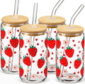 Glass Cups with Lids and Straws with Design Strawberry 4 pcs,Clear Glass Cups 16 oz-DWTS Drinking Glasses Set,Glass Tumbler,Cute Design Glass Iced Coffee Cups with Lids and Straws
