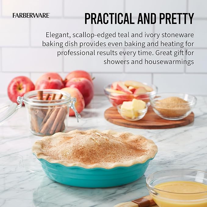 Farberware Bakers Advantage 10 Inch Pie Dish, Stoneware Pie Pan with Scalloped Edge, Two-Tone Teal and Ivory Ceramic Pie Plate for Baking Quiche, Casseroles, and Deep Dish Pies