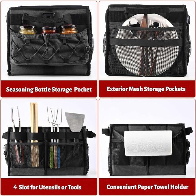 Lorbro Grill Caddy, BBQ Caddy with Paper Towel Holder, Utensil Caddy with Condiment Pocket, Collapsible Picnic Basket Camping Gear Must Haves for Outdoor, Gift, Grilling Tool, Barbecue, RV, Black