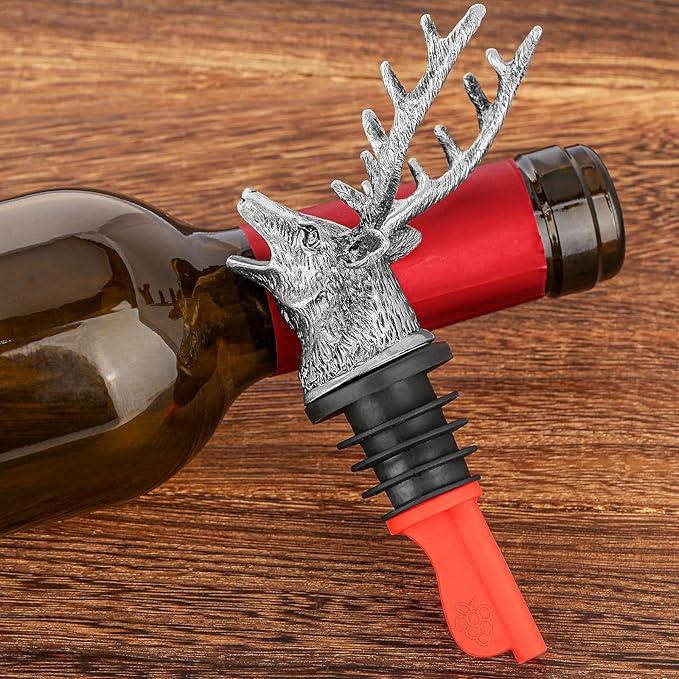 LKKCHER Deer Head Wine Bottle Pourer and Stopper Birthday Gifts Hunting Gifts for Hunters Men Dad Liquor Bottle Pourers Spout for Alcohol Spirits, Stag Gifts Wine Gifts, Dark Silver