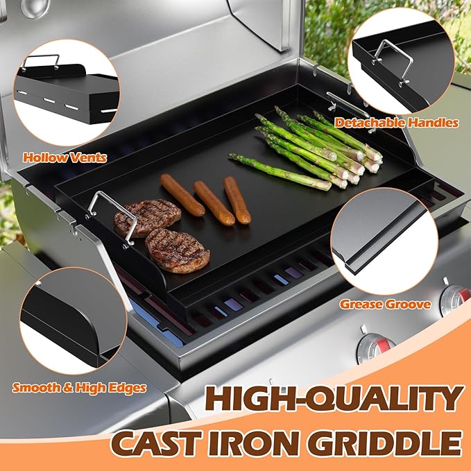 Universal Nonstick Cast Iron Griddle for Gas & Charcoal Grills & Stove Top, Thickened 25" x 16" Flat Top Grill Griddle Plate with Extra High Sidewalls, Grease Groove & Handles, for Camping
