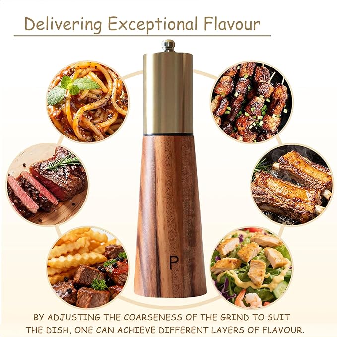 Salt and Pepper Grinder Set Gold Manual Pepper Grinder with Wooden Base, Adjustable Coarseness Refillable Ceramic Blade Grinding Enjoy Fresh Ground Pepper Salts with Spices, 2pcs-7in(7IN-Golden Wood)