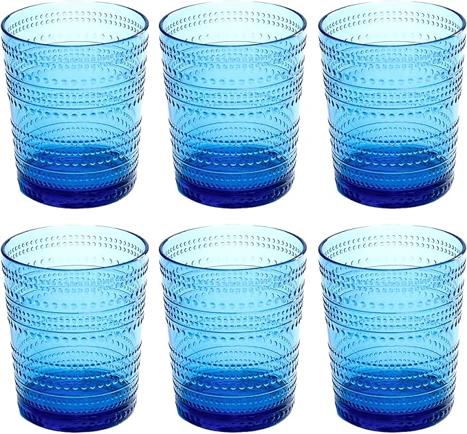 Beaded 15.6 oz Durable Acrylic Double Old Fashioned Drinking Glasses, Shatter-Resistant and Dishwasher-Safe Indoor/Outdoor - Cobalt Blue - Set of 6