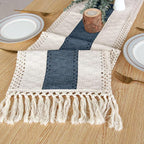 FEXIA Boho Table Runner 108 Inches Long for Home Decor Farmhouse Table Runner Cream & Blue Rustic Macrame with Tassels for Bohemian Dining Bedroom Decor Bridal Shower (12x108 Inches)