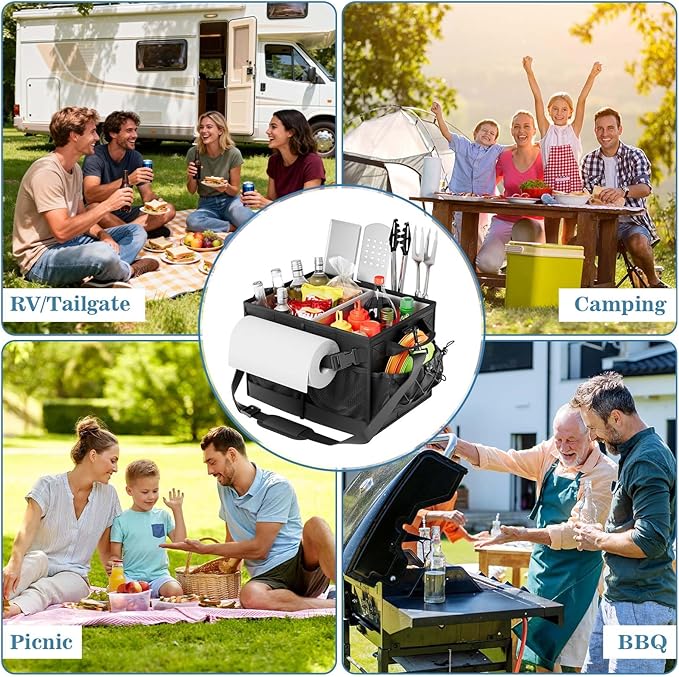 Lorbro Grill Caddy, BBQ Caddy with Paper Towel Holder, Utensil Caddy with Condiment Pocket, Collapsible Picnic Basket Camping Gear Must Haves for Outdoor, Gift, Grilling Tool, Barbecue, RV, Black
