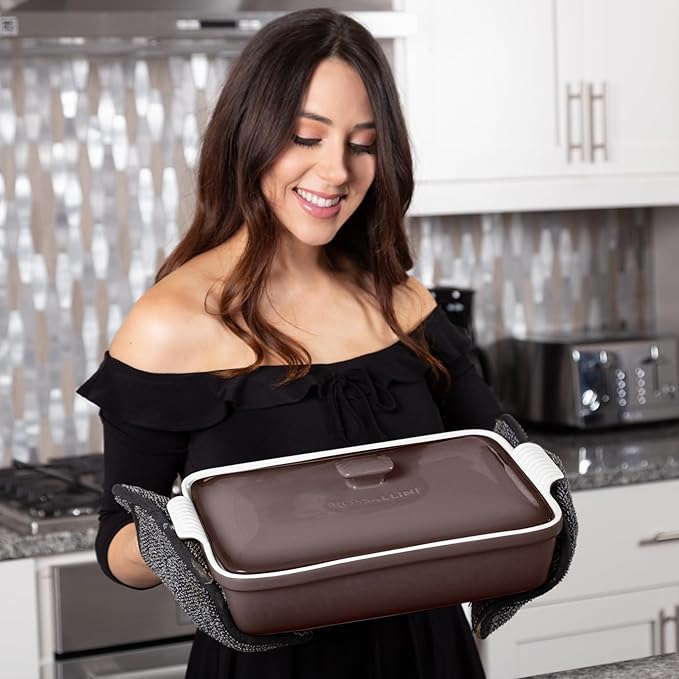 ROSSALLINI Stoneware Casserole Dish Bakeware Set with Lid, Covered Rectangular Dinnerware, Large 3.2 Quart, 11 by 9 Inch [Oyster Grey]