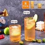 Loivttvv Glassware Drinking Glasses Set of 8, 14 oz Highball Glasses & 10 oz Ribbed Glass Cups, Vintage Glassware for Water, Juice, Cocktail (Thanksgiving Amber)