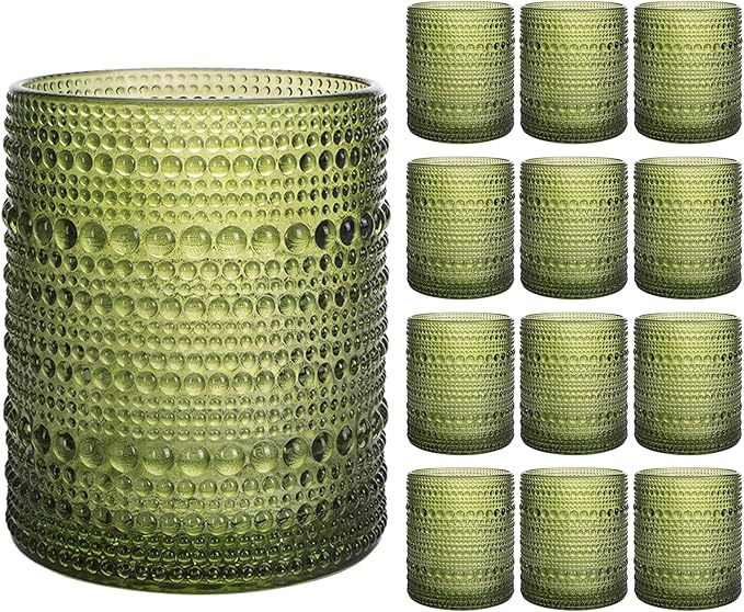 Moretoes Hobnail Drinking Glasses Set of 12,10 Oz Cocktail Glasses Vintage Glassware, Textured Glass Cups Bubble Glasses Water Glasses Old Fashion Jupiter Glasses Set (Green)