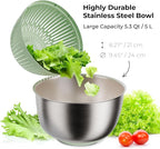 Stainless Steel Salad Spinner Large - Fruit and Vegetable Wash Bowl with Strainer - Lettuce Spinner, Fruit Cleaner, Collapsible Salad Dryer 5.3 Quart Capacity