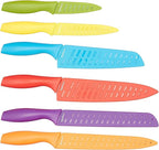 Amazon Basics Color-Coded Dishwasher Safe Kitchen Knife Set, 12-Piece with Ergonomic Handles, Non-stick Sharp Blades, 6 Knives with 6 Blade Guards, Multicolor, 13.88 x 4.13 x 1.38 inch