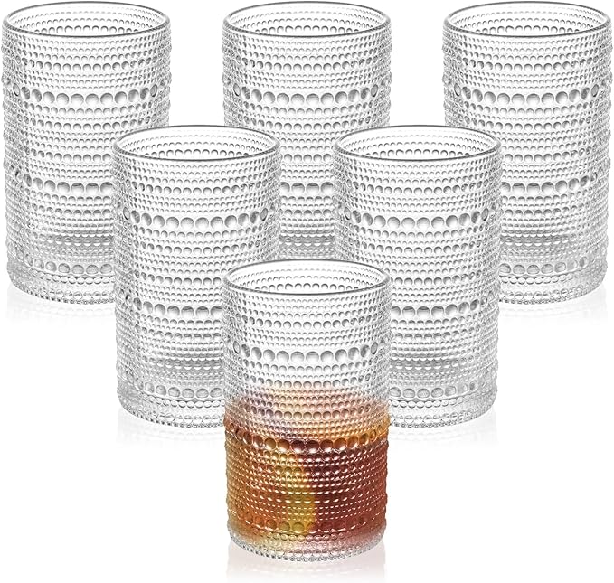 Vintage Dot-Pattern Drinking Glasses Set of 6 – 13 oz Clear Highball Glass Cups – Embossed Textured Glassware with Anti-Slip Design for Water, Juice, Cocktails – Thick Glass, Dishwasher Safe