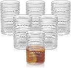 Vintage Dot-Pattern Drinking Glasses Set of 6 – 13 oz Clear Highball Glass Cups – Embossed Textured Glassware with Anti-Slip Design for Water, Juice, Cocktails – Thick Glass, Dishwasher Safe