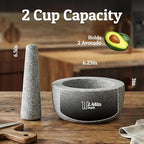 Priority Chef Heavy Duty Large Mortar and Pestle Set, Hand Carved from Natural Granite, Make Fresh Guacamole, Pesto, Stone Grinder Bowl, Herb Crusher, Spice Grinder, 6.3 Inches Wide, 2 Cup - Grey