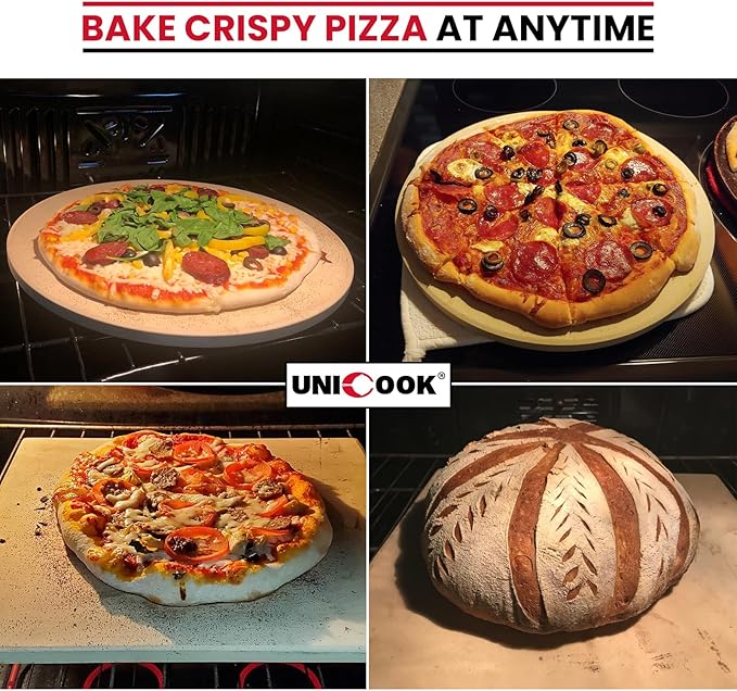 Unicook Pizza Stone for Oven and Grill, Square Baking Stone 12 Inch, Cordierite Cooking Oven Stone, Thermal Shock Resistant Pizza Pan for Pizza, Bread, Including Dough Scraper
