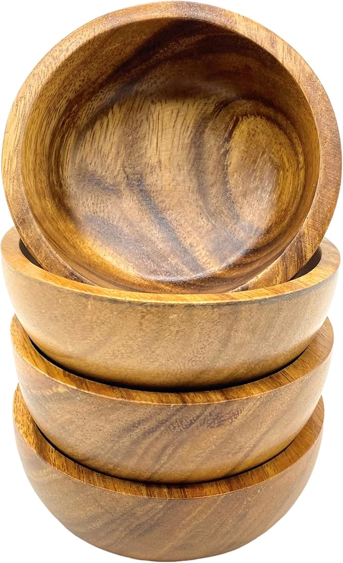 Small Wooden Calabash Bowls – 4.25” Acacia Snack, Dip & Side Dish Set of 4, Rustic Handmade Condiment Serving Bowls, Gift Ready