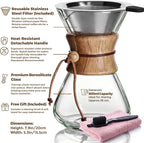 AGOGO Pour Over Coffee Maker Glass - Barista Kit with 304 Stainless Filter for Home, Office, Camping, Cafes - Easy Clean Coffee Dripper Set (Soft Towel&Brush) (28oz Slim Shape w/SS Filter)
