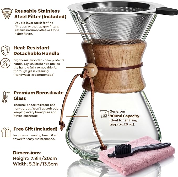 AGOGO Pour Over Coffee Maker Glass - Barista Kit with 304 Stainless Filter for Home, Office, Camping, Cafes - Easy Clean Coffee Dripper Set (Soft Towel&Brush) (28oz Slim Shape w/SS Filter)