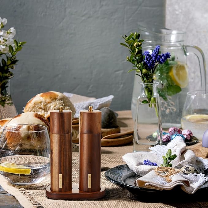 Wooden Salt and Pepper Grinder Set 8 Inch Manual Salt and Pepper Mill with Tray Adjustable Coarseness Refillable Wood Grinders with Gold Bottle Label for Kitchen Christmas Home Gift(Wood Color)