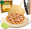 Large Pizza Stone for Oven 16 inch - Round Pizza Stone for Grill with Handles, Wood Pizza Peel and Cutter Set - Baking Stone for Bread - Pizza Making Kit Accessories - Gifts for Food Lovers