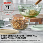 Pyrex Colors (2-Pack) Sculpted Tinted Small/Medium Glass Mixing Bowls With Plastic Lids, Nesting Space Saving Set of Bowls For Prepping and Baking, 1.3QT & 2.3QT