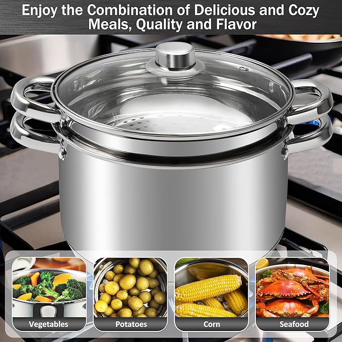 AuFranc® 6 Quart 18/10 Stainless Steel Tri-ply Stockpot and Steamer with Tempered Glass Lid, Multipurpose Steamer Pot Compatible with All Cooktops, Non-Toxic Soup Pot, Oven & Dishwasher Safe (Silver)